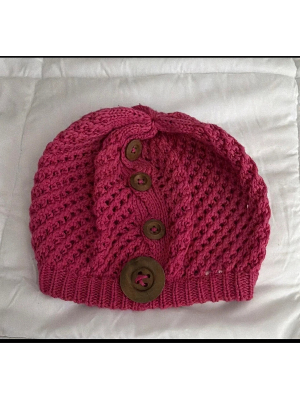 Women's Pink Acrylic Knit Beanie Hat Solid Button Accent